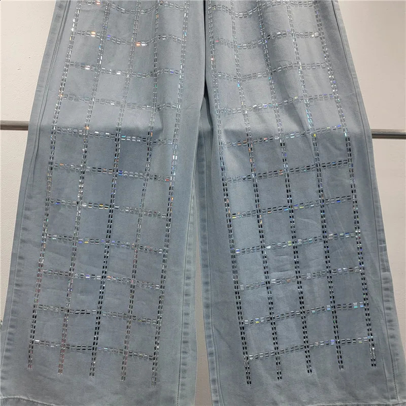 Women Plaids Diamonds Beaded Denim Shirt Rhinestones Jean Blouses Drilling Cardigan TopsSequined Wide Legs Pants Jeans 2pcs Set 250808