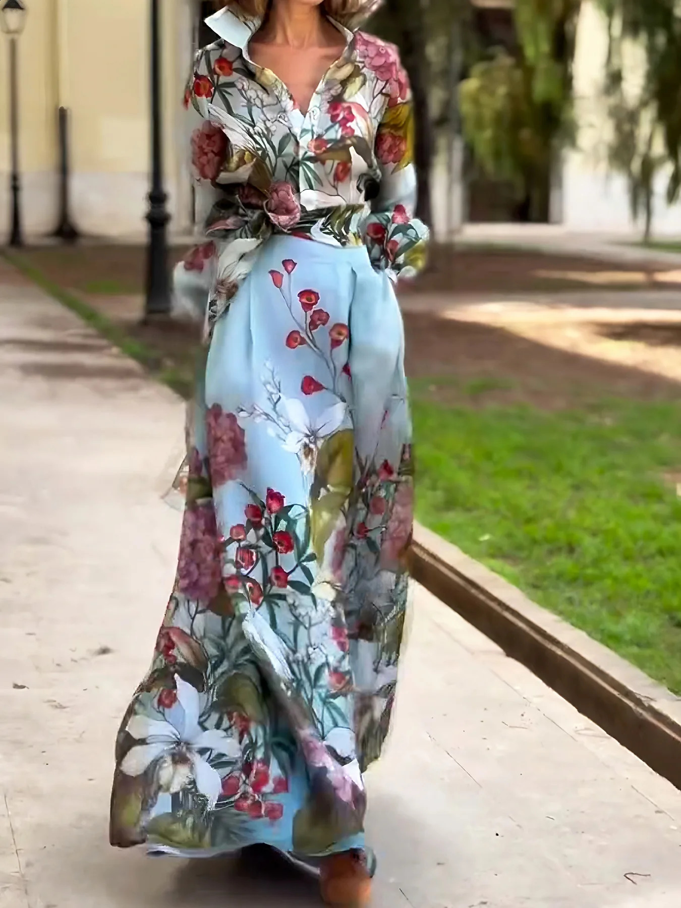 2025 Spring Floral Print Womens Two Pieces Set Long Sleeve Shirts High Waist Long Skirt Suits Female Chic Elegant Skirts Set 250808