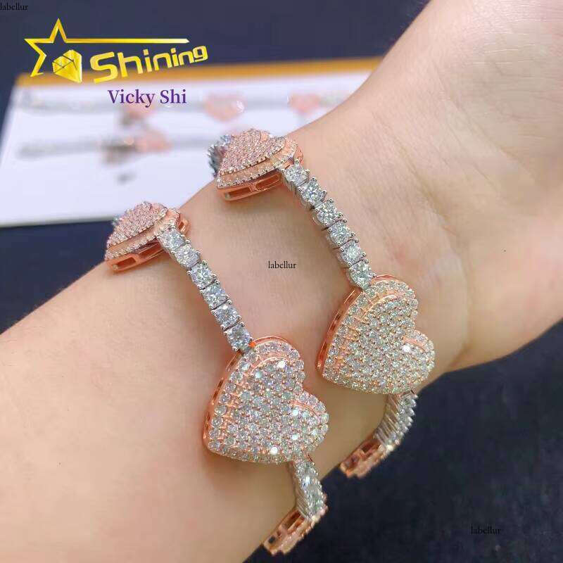 Worldwide Shipping Sier Two Tone Three Heart Tennis Bracelet Custom Men Women Hip Hop Moissanite Bracelets