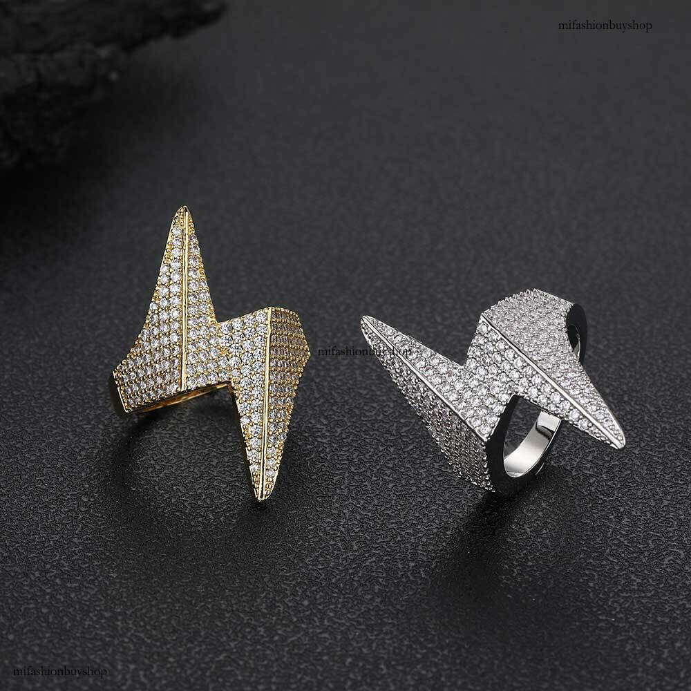Rhombus Lightning Trendy Brand Personality Hip-Hop Sterling Silver Inlaid Full Zircon Men's Ring Jewelry