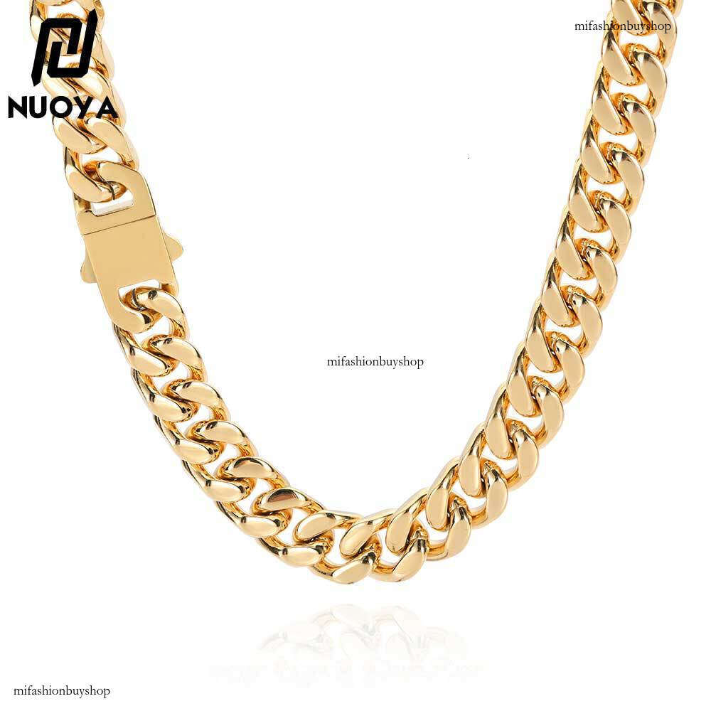 Stainless Smooth Buckle Encrypted Four-Sided Polished Cuban Real Gold Plated Hip-Hop Titanium Steel Men's Necklace