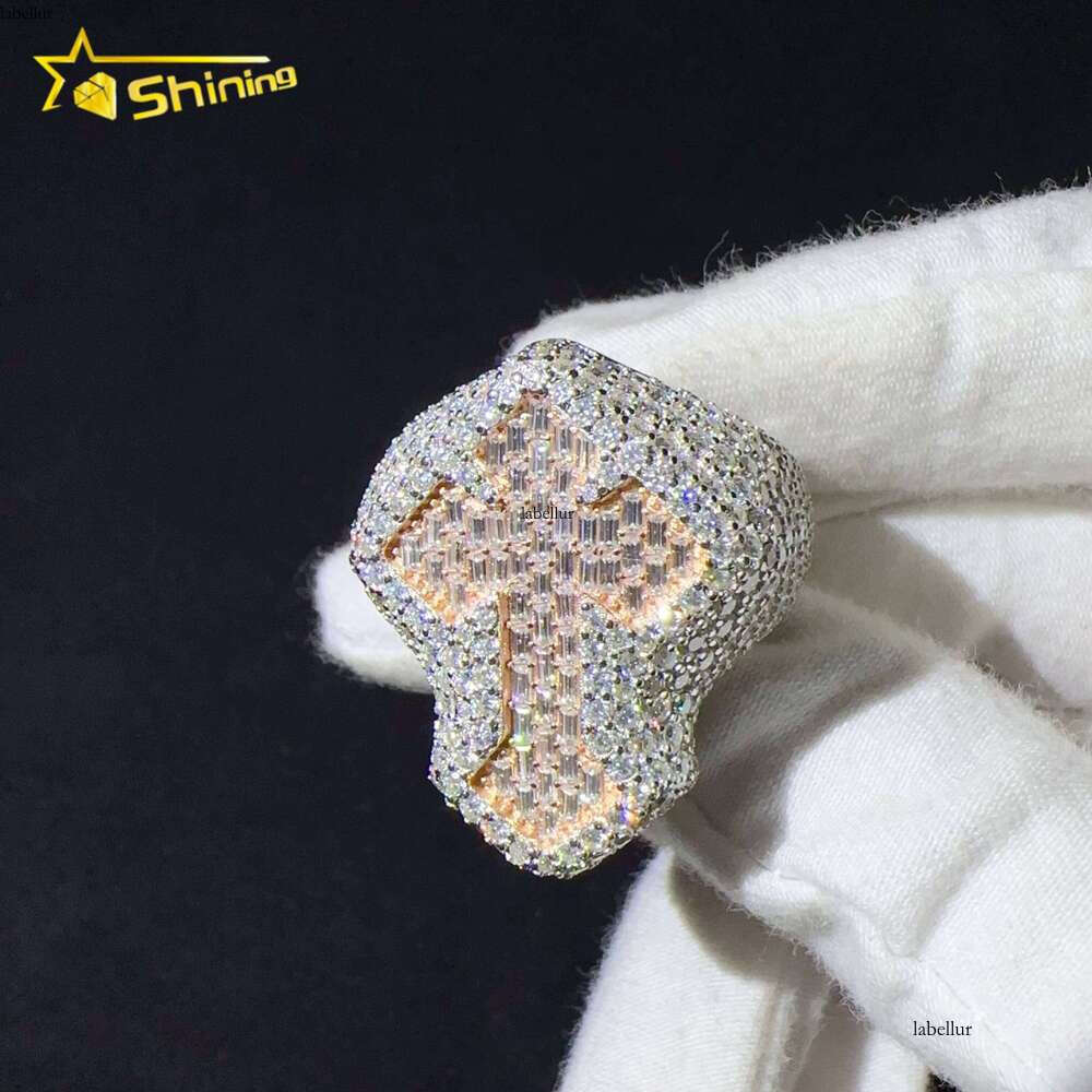 Sterling Silver VVS Cubic Zirconia Iced Out Lab Hip Hop Jewelry Cross Ring