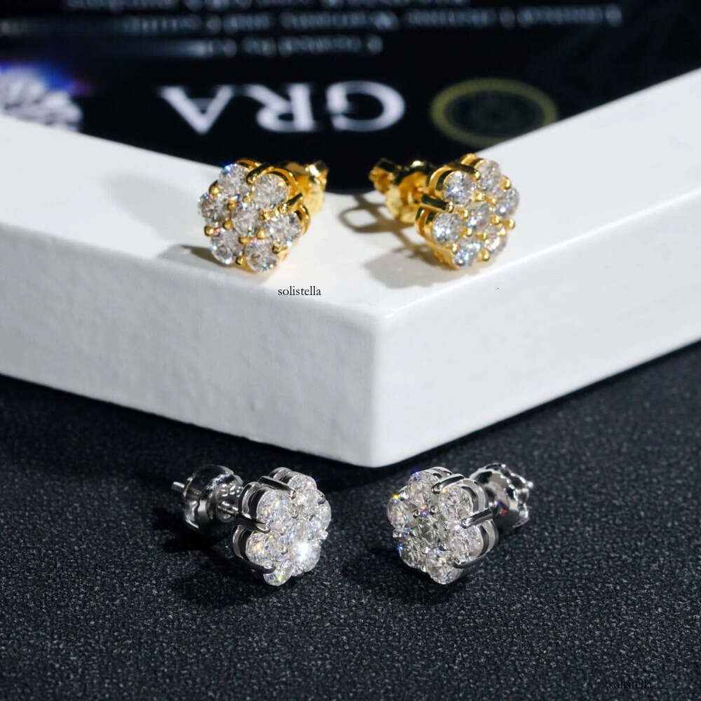 Hot Sale Pass Tester Hip Hop Sier Gold Plated Flower VVS Moissanite Dia Stud Earrings