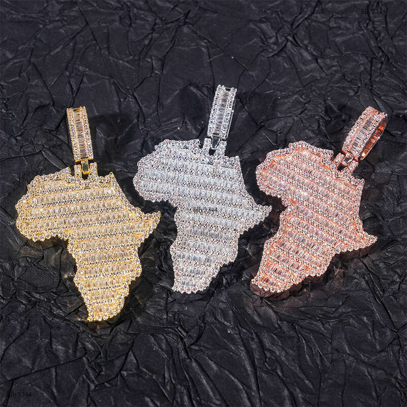 Hip-Hop Pendant Personality Map Sterling Silver Inlaid Moissanite chain Full Dia Unisex Necklace Accessory