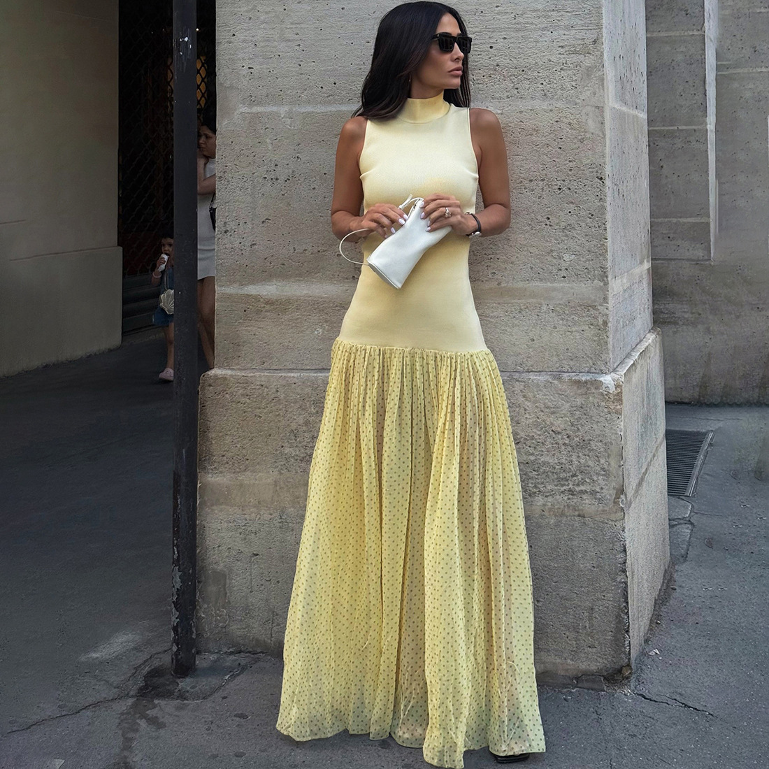 2025 Summer New Womens Fashion High Neck Elegant Slim Fit Patchwork Long Dress Fashionable Polka Dot Dress