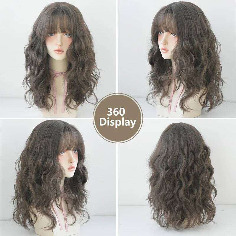 7JHH WIGS Synthetic Loose Curly Wave Cool Brown Wig for Women Daily Use Heat Resistant Layered Hair with Bangs Routine Wigs
