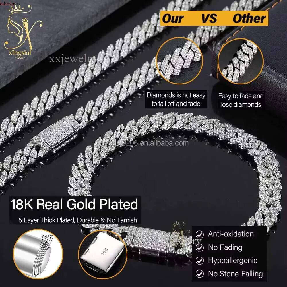 Hiphop Jewelry Men Women Necklace Sier Gold Plated Iced Out 8mm Dia Moissanite Cuban k Chain