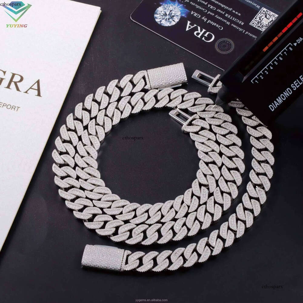 Heavy 15MM 3Rows S Sier Hip Hop Necklace White Gold Plated Moissanite Dia Cuban Link Chain