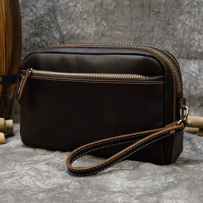 Genuine Clutch Of Men Male Long Hand Bag Crazy Horse Leather Day Clutches For 6" Cell Phone With Wrist Belt