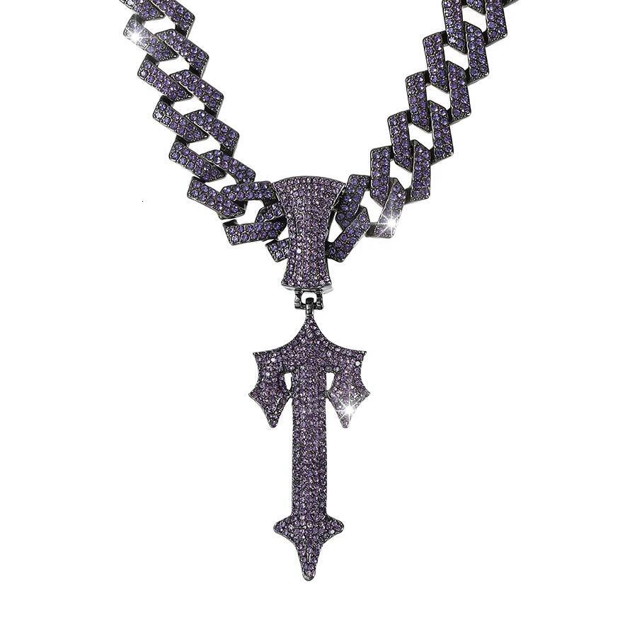 European American Hip-hop Mens New Purple Cross Pendant Necklace Big Sword Alloy Cuban Chain Cross-Border Fashion Jewelry