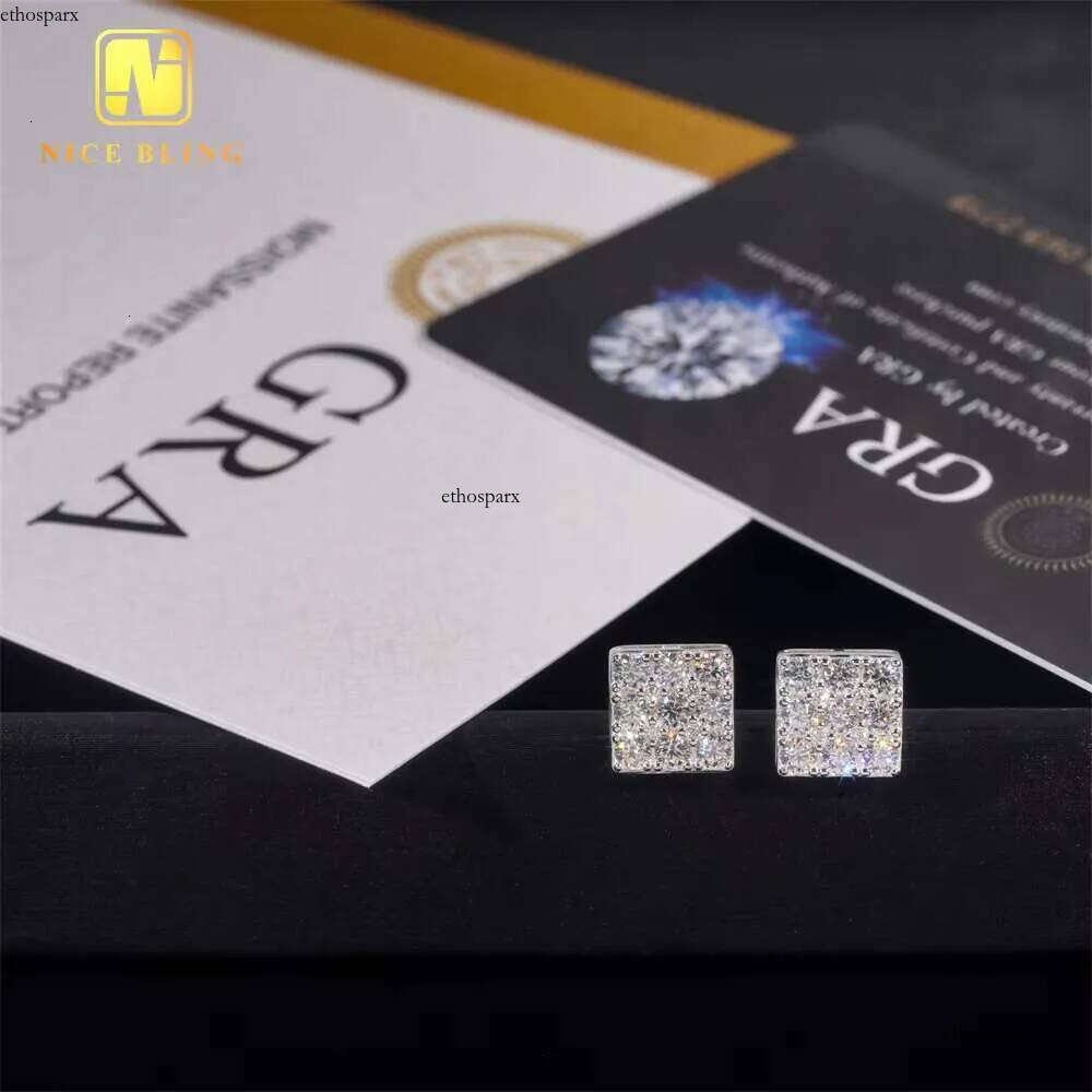 Wholesale Price Hip Hop Jewelry Pass Tester GRA Certified Dia Sterling Sier Square Moissanite Stud Earrings
