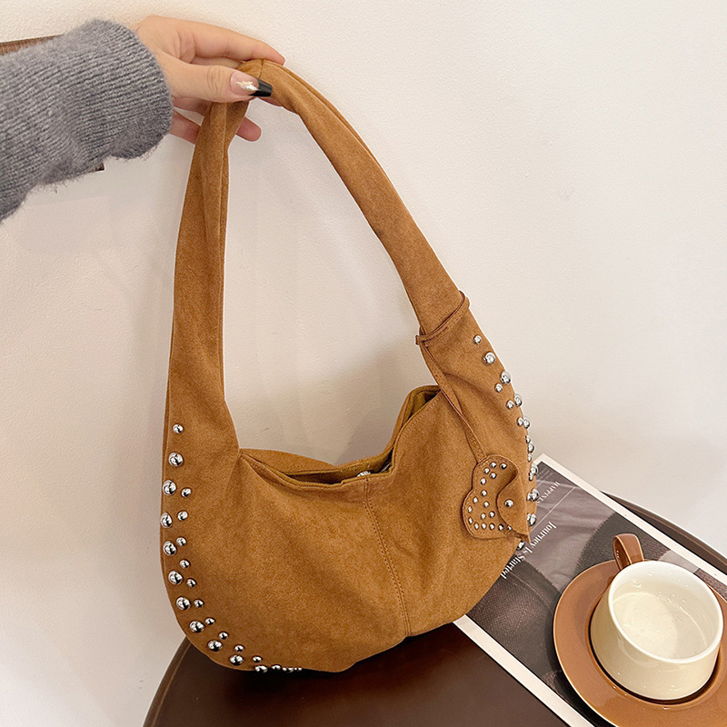 Luxury Bag 2025 Autumn Winter New Suede Women's Bag Single Shoulder Crossbody Designer Bag Rivet Matte Crescent Underarm Casual Tote Handbag