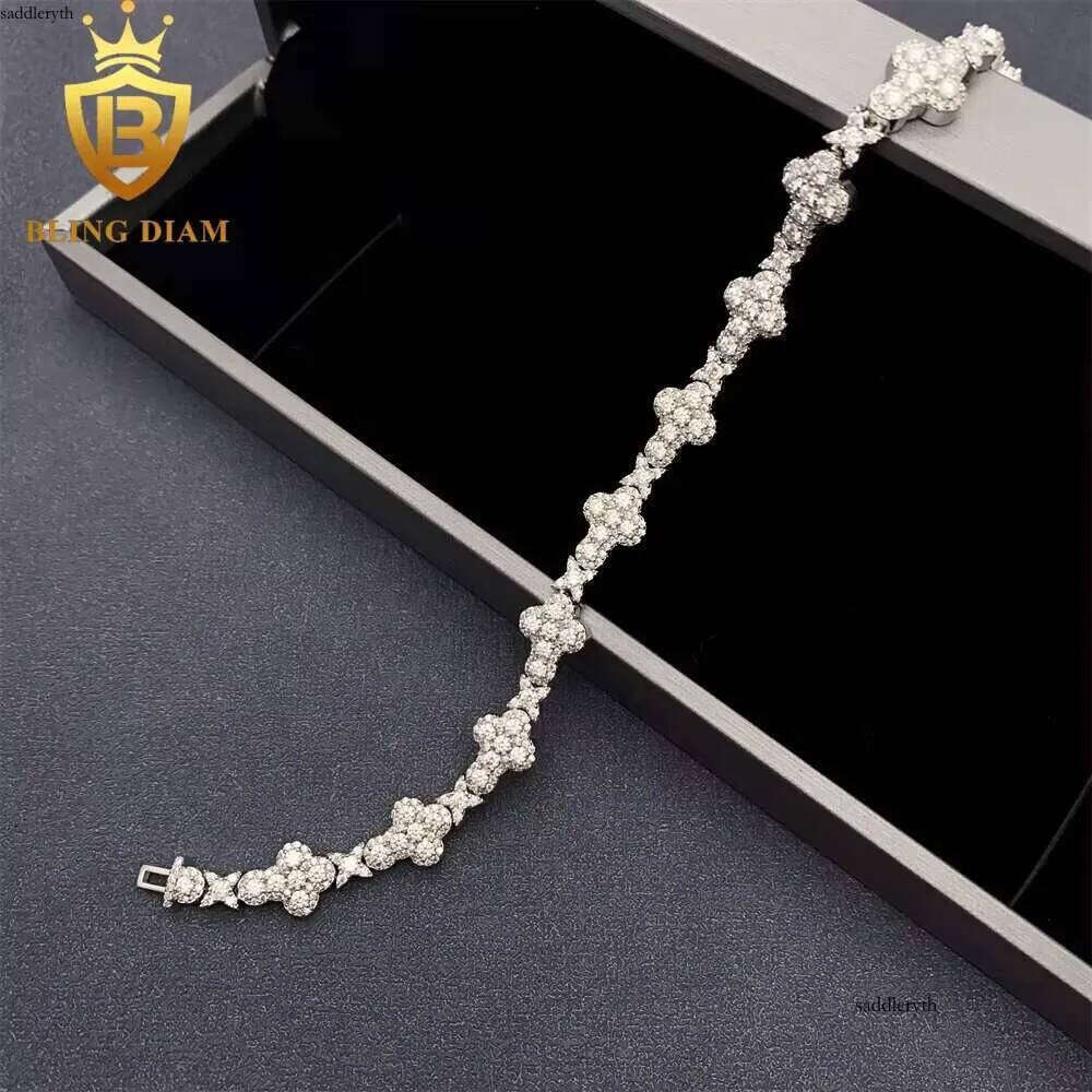 10MM 13MM Hip Hop Sterling Sier Jewelry Moissanite Cuban Chain Flower Cross Iced Out Bracelet 46 7a