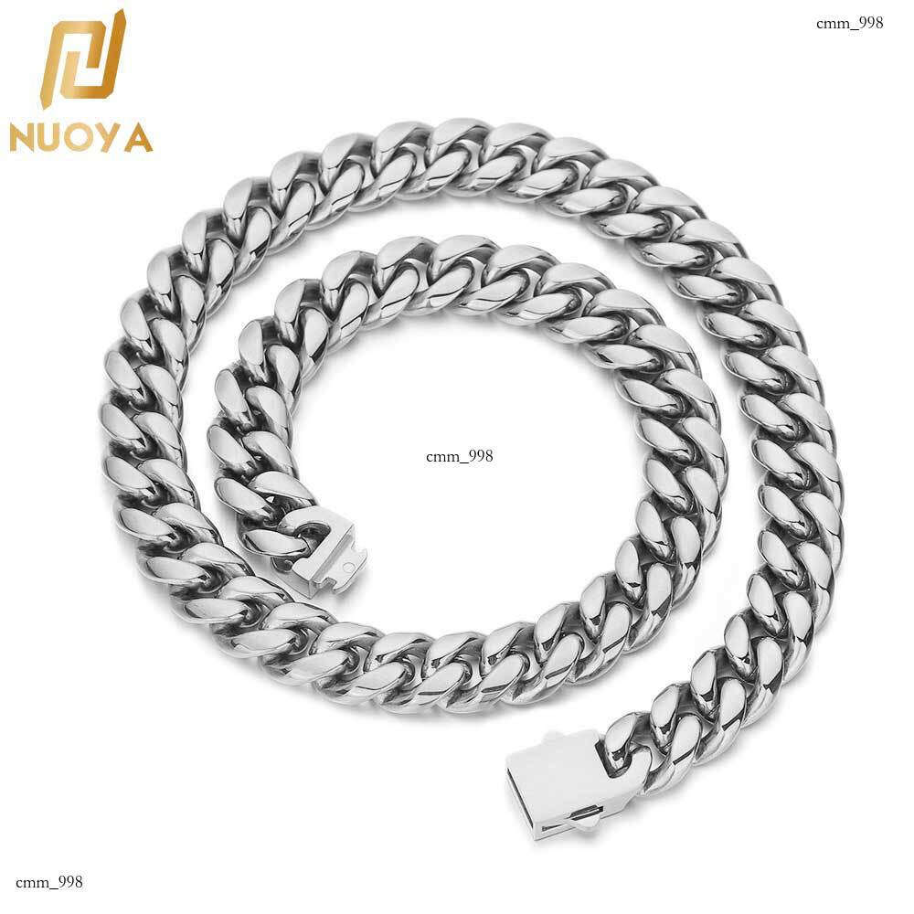 Hip Hop Smooth Buckle Stainless Cuban Chain Titanium Steel Polished Round Grinding Encrypted Miami Men's Necklace