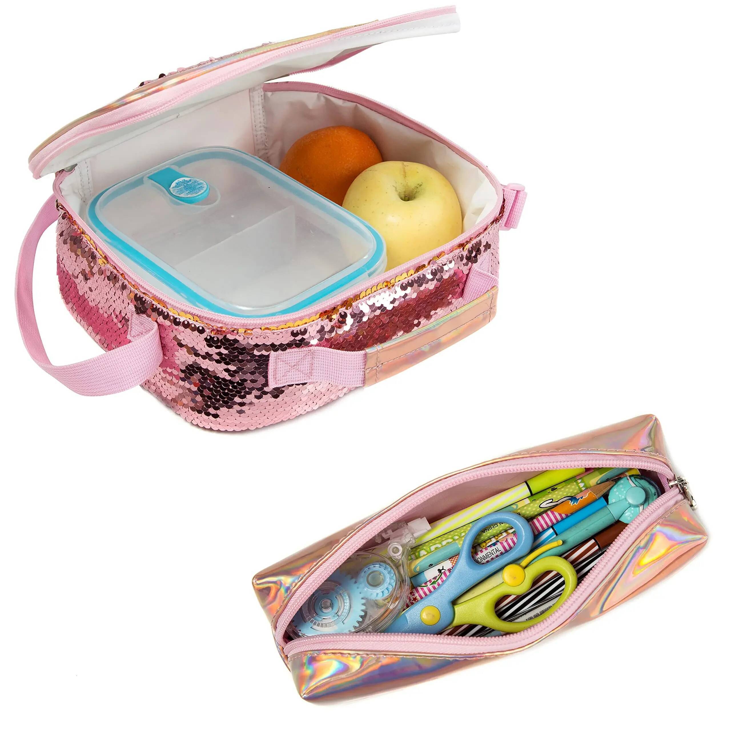 School Backpacks with Lunch Box Elementary Students, Travel Sequin Backpack for Girls, 16 ", 3Pcs