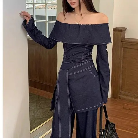 Xgoth Spring Retro Off Shoulder Denim Long Sleeve Top Strap Waist Slimming Wide Leg Jeans Set Two Piece Set Women Outfits 250808