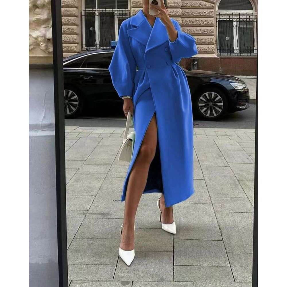 Women's woolen intellectual wind pocket lapel winter new solid color lantern sleeve female coat