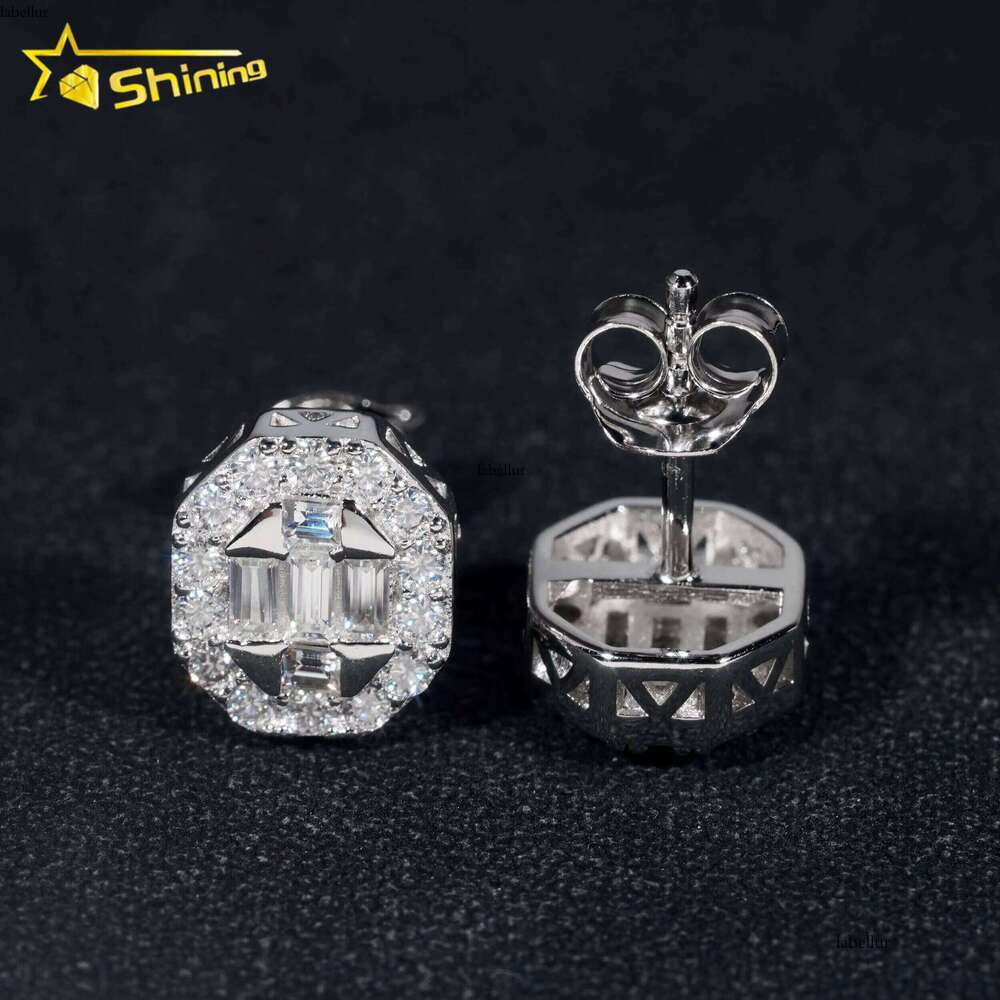 Pass Tester GRA Certified VVS Dia Sterling Sier Baguette Moissanite Stud Earrings Men Jewelry