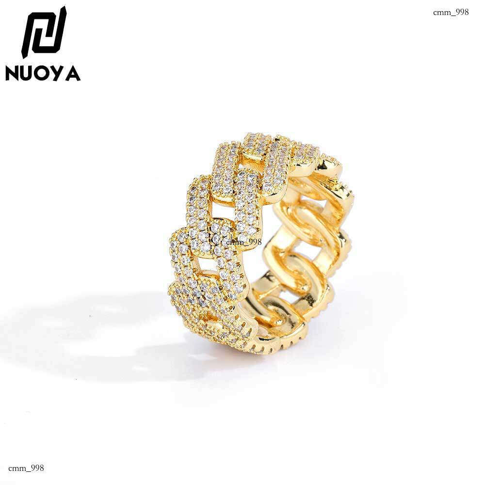 11mm Diamond Cuban Chain Real Gold Plated Micro Inlaid Zircon Trendy Hip Hop Ring Jewelry