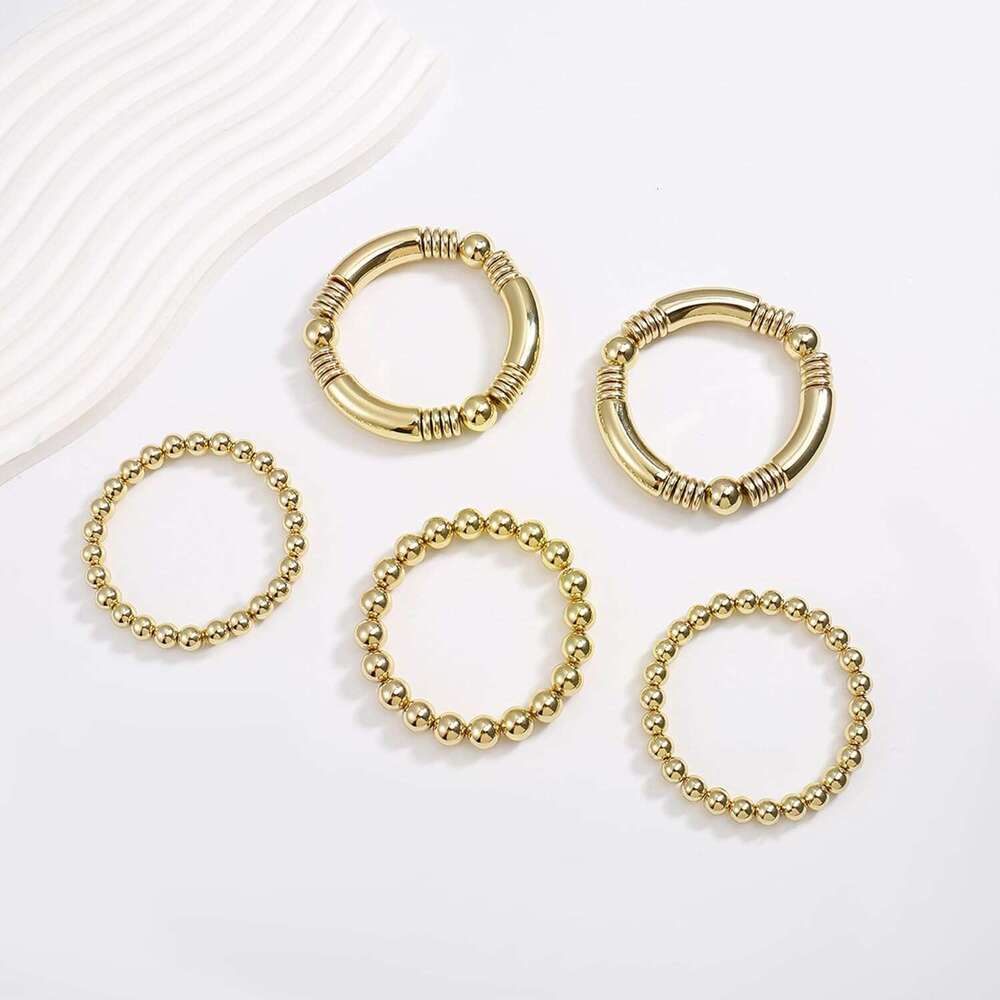 14K Gold Bangles Bracelet for Women Chunky Curved Stacking Plated Bead Ball Stretchable Bracelets