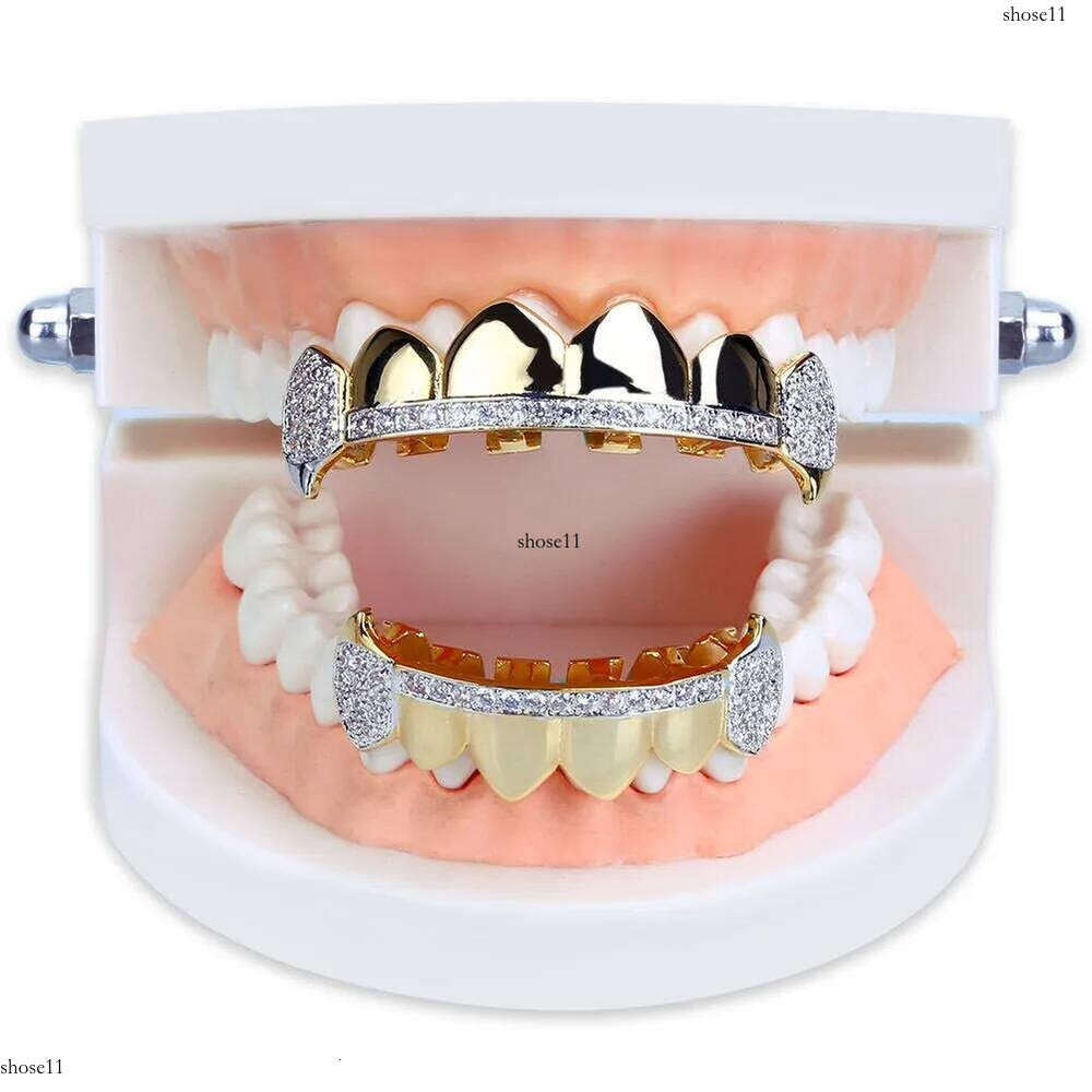 Real Gold Teeth Fang Grillz Punk Hip Hop Cubic Zirconia Iced Out Vampire Dental Mouth Grills Braces Tooth Cap Rapper Jewelry for Cosplay Party Hallowe