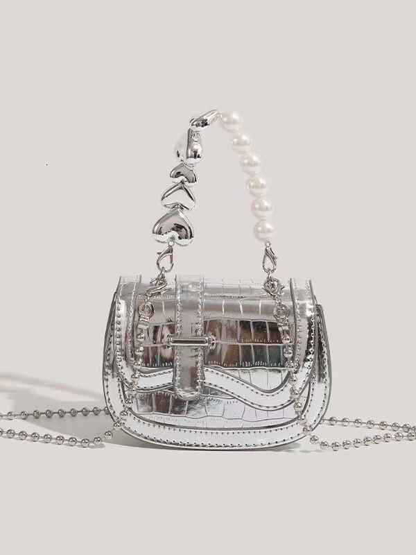 Summer Textured Niche Pearl Chain Crossbody Fashion Mini Silver Handbag for Girls 2025 New Trend ddmymoon