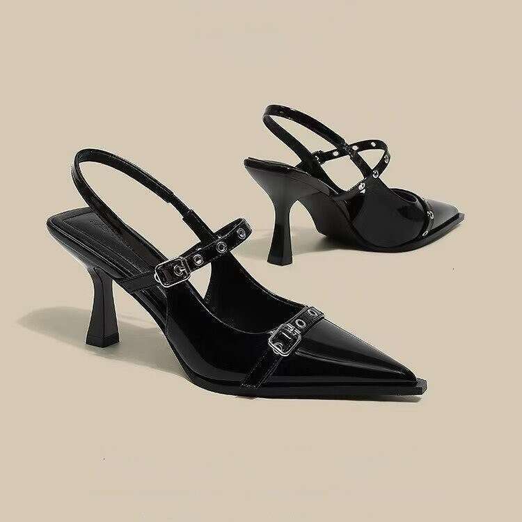 High Heels Designer Shoes for Women 2025 Summer New Black Pointed Stiletto French Style One Strap Closed Toe Sandals Shallow Mouth Single Shoes