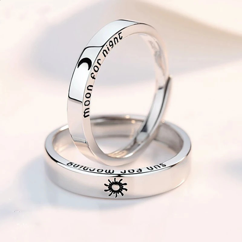 2Pcs Silver Color Sun Moon Couple Rings For Women Romantic Day Night Letter Ring Lover Engagement Banquet Jewelry Dating Gift 250805