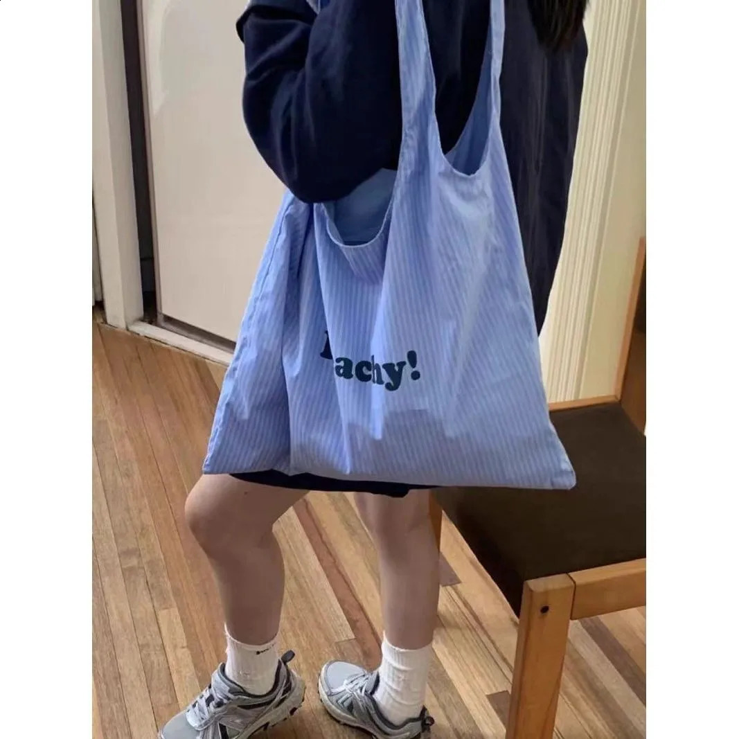 JIAERDI Stripe Blue Large Capacity Canvas Bag For Women Summer Tote Bag Female Korean Style Y2k Handbag Bolsos De Mujer 250809