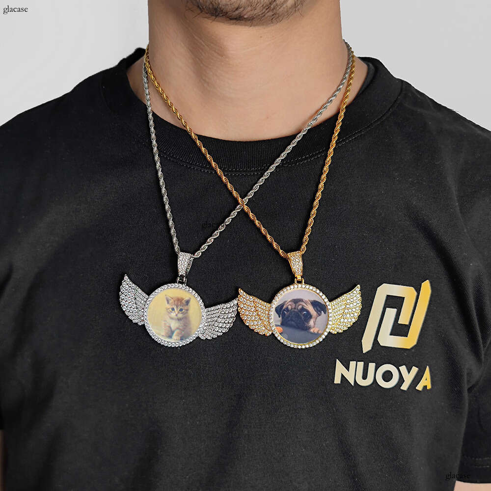 Hip Hop Jewelry Angel Wings Round Pendant Micro Inlaid Moissanite chain DIY Personalized Creative Photo Frame Necklace
