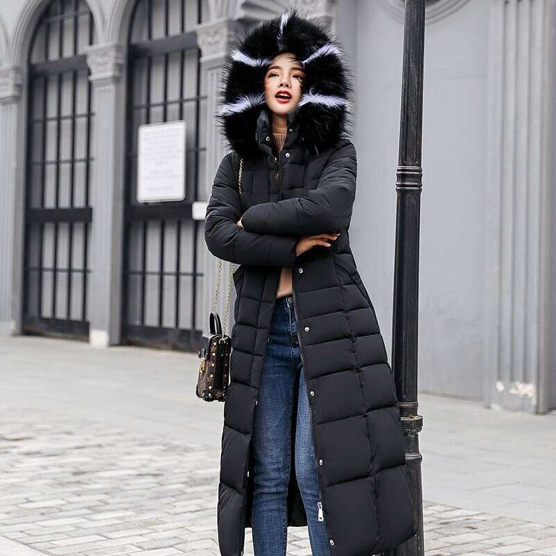 Women's Plus Long Over Knee Slim Color Fur Collar Down Cotton-padded Jacket