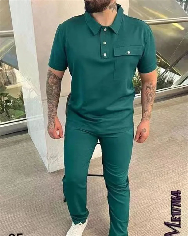 Summer Men Shortsleeved Suit fashionpocket Sportswear Shirt trousers Twopiece Mensuit SXXXL 250809