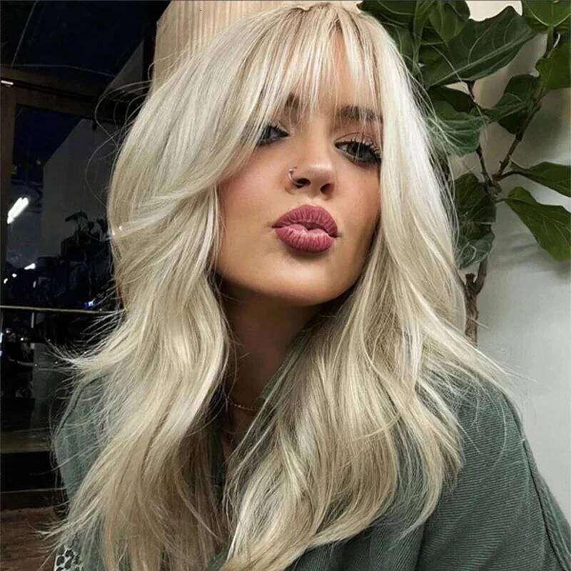 Platinum Blonde Synthetic Wig with Bangs Medium Length Layered Wigs for Women Natural Roots Cosplay Party Hair Heat Resistant