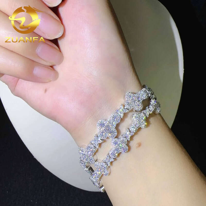RTS 10mm 13mm width sier vvs moissanite dia hip hop iced out jewelry cross tennis chain bracelet