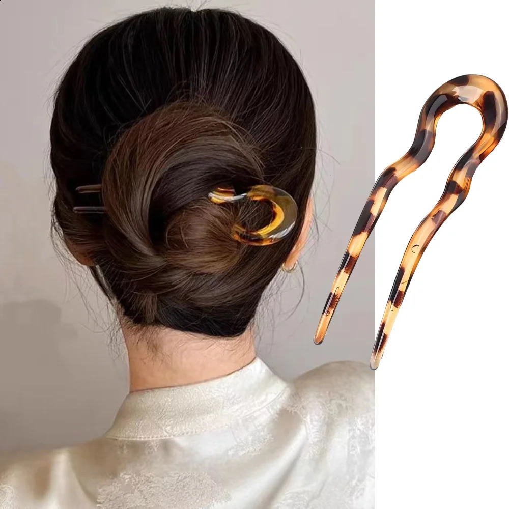 1/4PCS U-Shaped Updo 2 Prong Pins Fashion Tortoiseshell Acrylic Hair Sticks Headwear French Style Hair Accessories for Women 250807