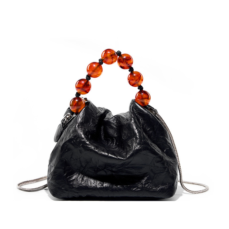 Yanxin Chinese Style Unique Niche Top Layer Cowhide Women's Handheld Grain Lunch Box Bag Beaded Handbag Crossbody