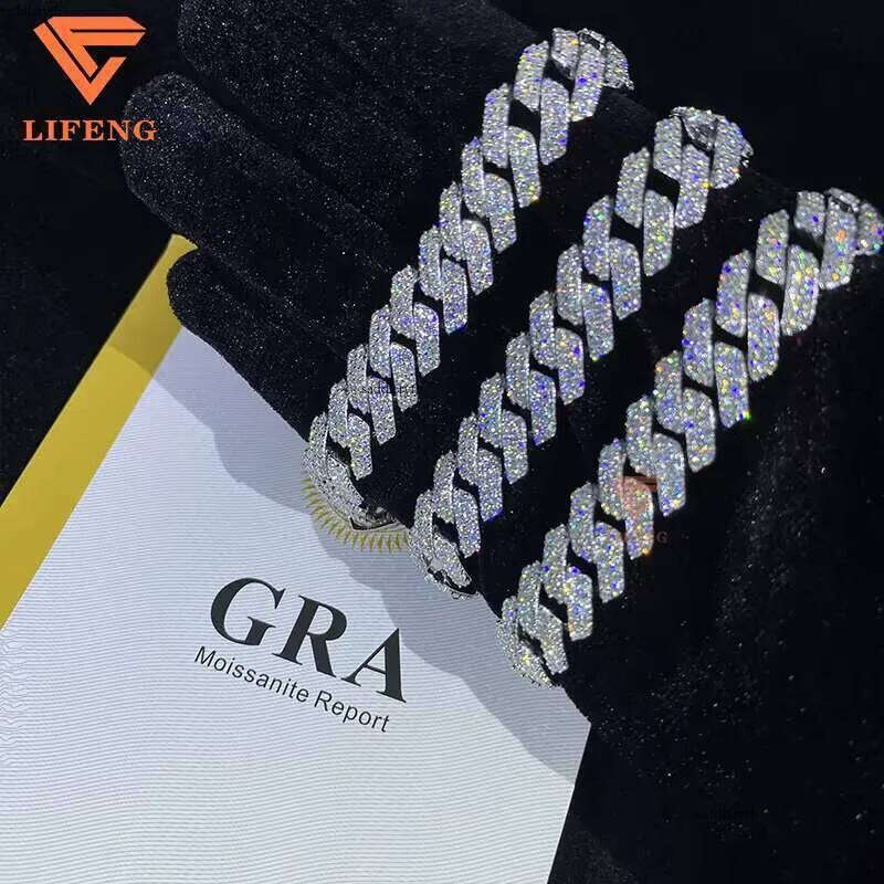 12mm Link Chain 2row Dia Sterling Sier Men VVS D Moissanite Hiphop Cuban Bracelet