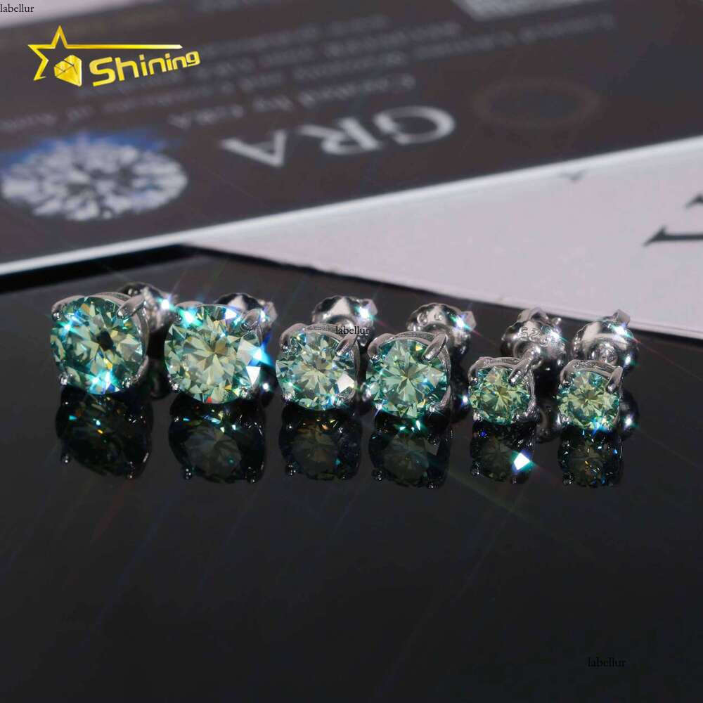 Pass Tester Sterling Sier Blue Green Moissanite Round Stud Hip Hop Earrings