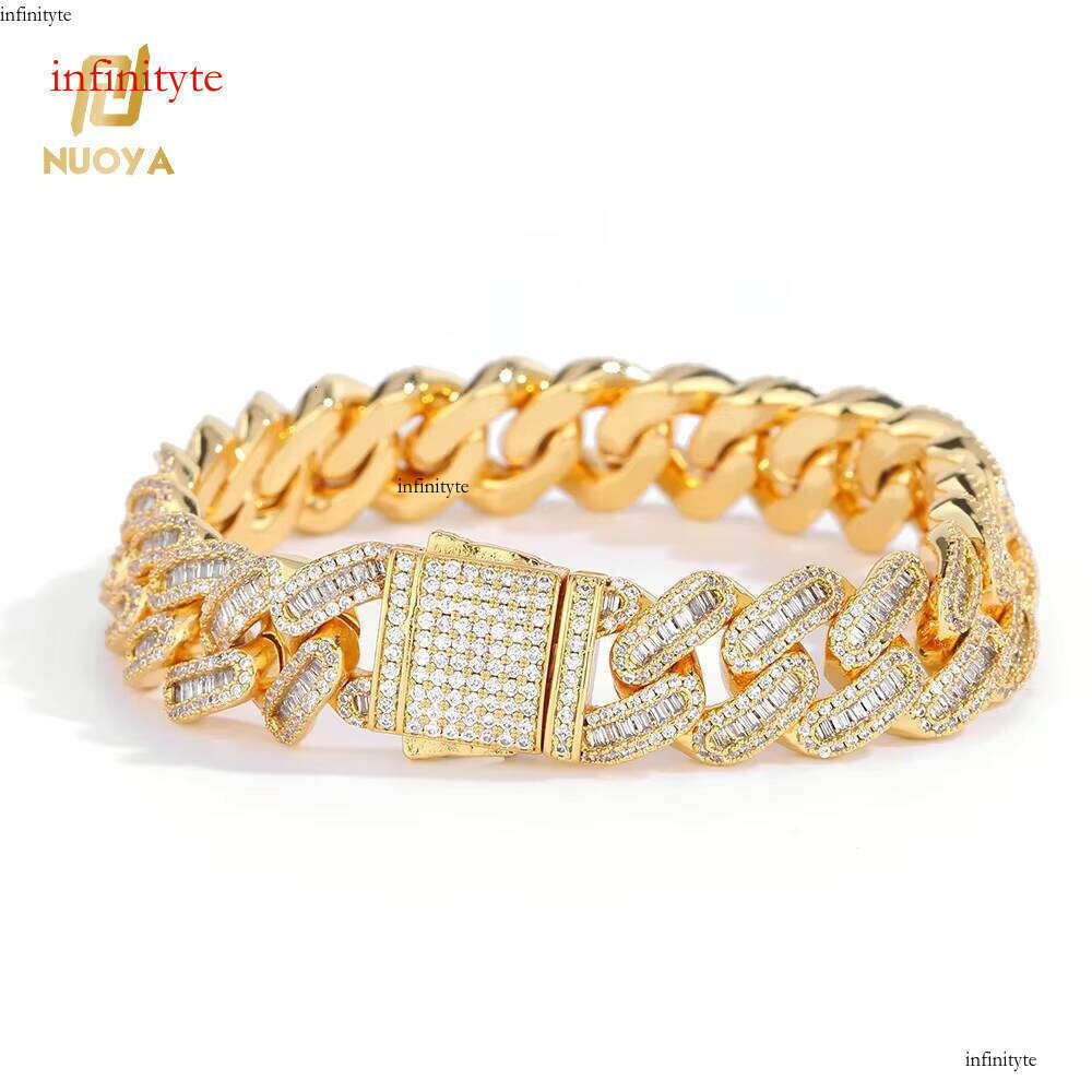 NUOYA Wholesale 15MM Bling Baguette Dia Iced Out CZ Dias Spring Clasp Cuban Chain Bracelet