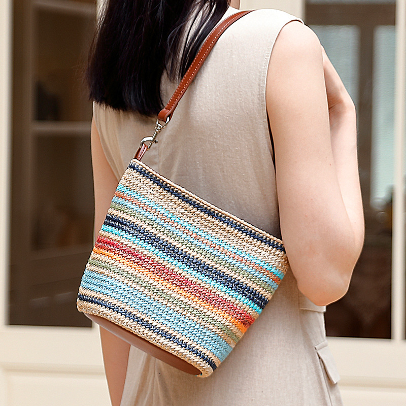 Summer New Fashion Color-Block For Women, Niche Design, Straw Woven With Genuine Leather, Large Capacity Commuter Tote Bag