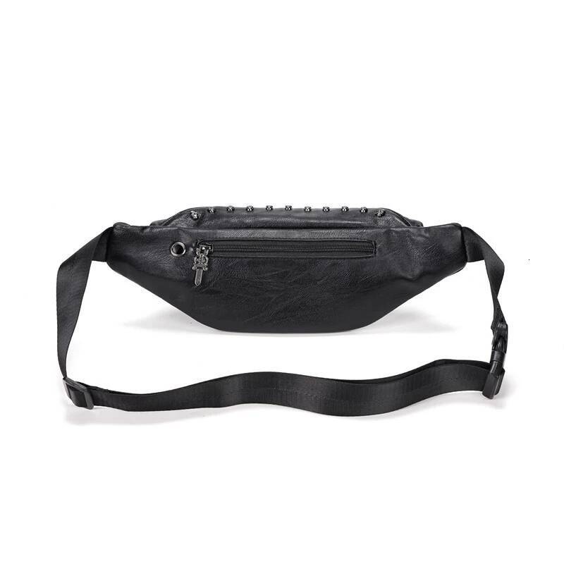 Annmouler 2022 Unisex Waist Packs Punk Style Fanny Pack Black Leather Skull Chests Designer Rivet Phone Pouch Adjustable Bag