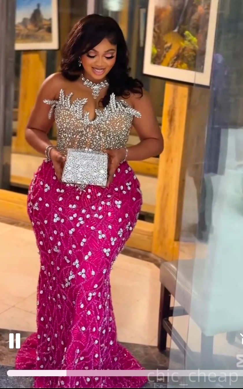 Mermaid Fuchsia Prom Dresses 2025 Crystals Illusion Detachable Train Evening Formal Party Second Birthday Engagement Gowns Plus Size Dress For Special
