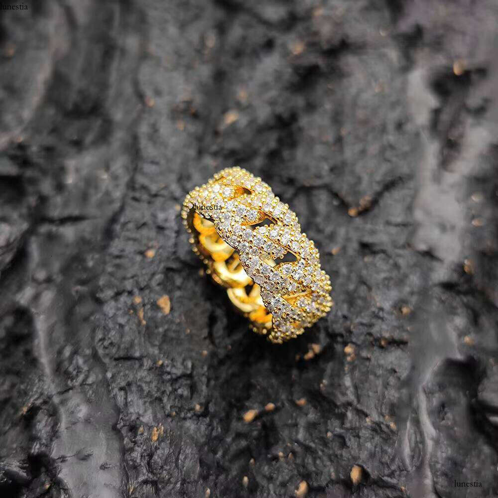 Nuoya Jewelry Hip Hop Lab Dia Finger Full Pave CZ Stone Iced Out Cuban Ring Gift for Men Women