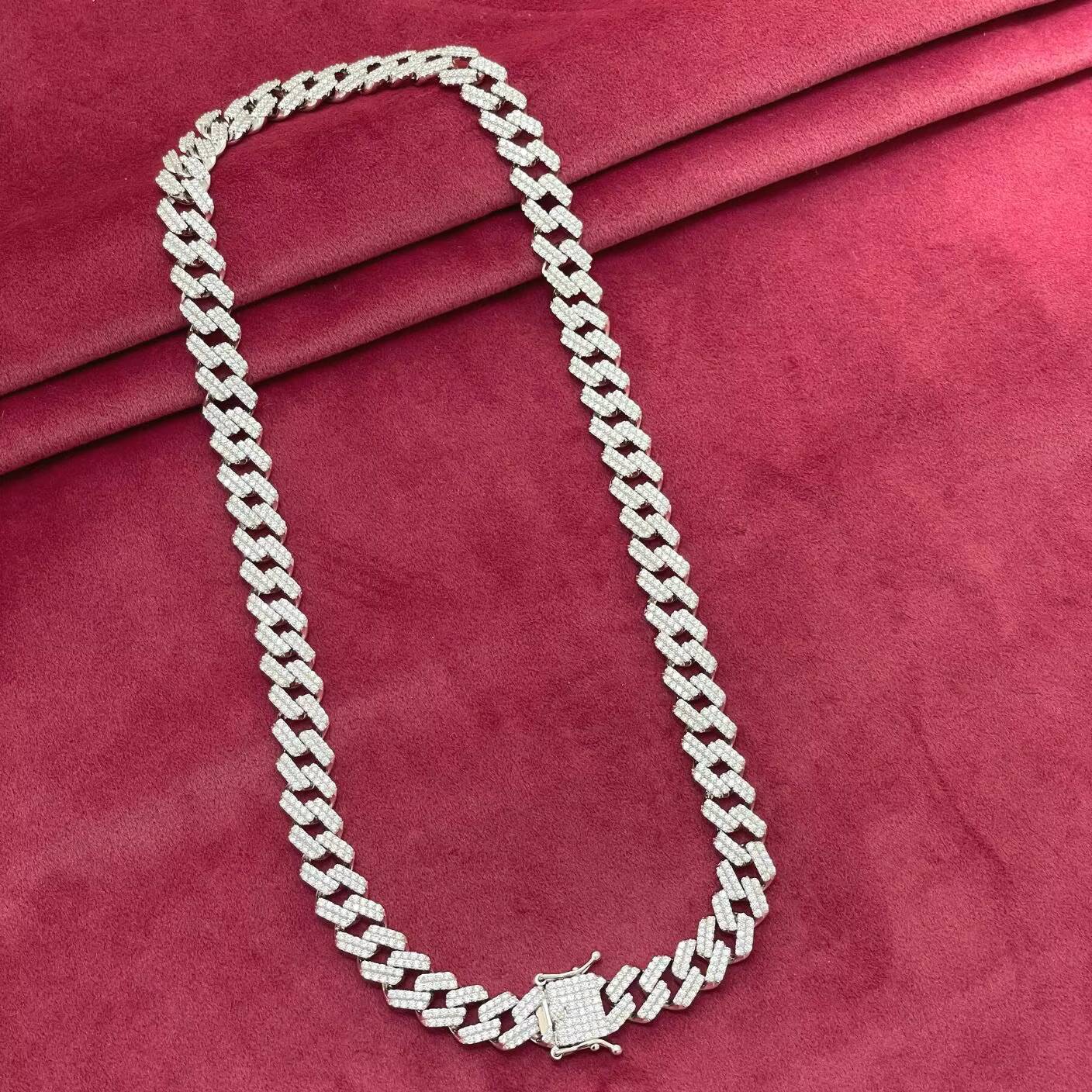 Hip Hop 12MM 925 Sterling Silver Soild Cuban Link Chain Cubic Zirconia Diamond-Studded Miami Cuban Link Necklace for Men