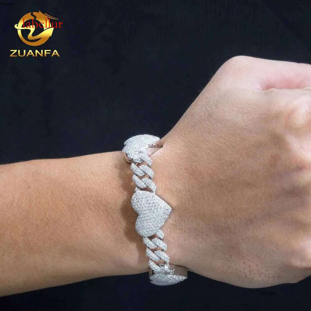 Fashion GRA Certificates Pass Tester Solid Sier 13Mm Iced Out Hip Hop Moissanite Dia Heart Link Chain Bracelet