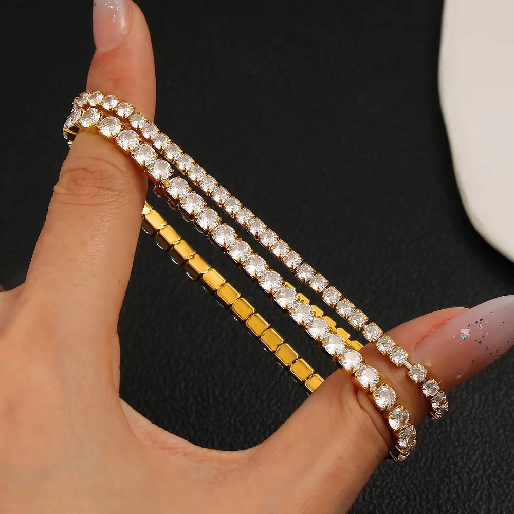 Elegant 3 4 mm 18K Gold Plated Stainless Steel Tennis Bracelet Jewelry Bling Iced Out Cubic Zirconia CZ Tennis Chain Bracelet