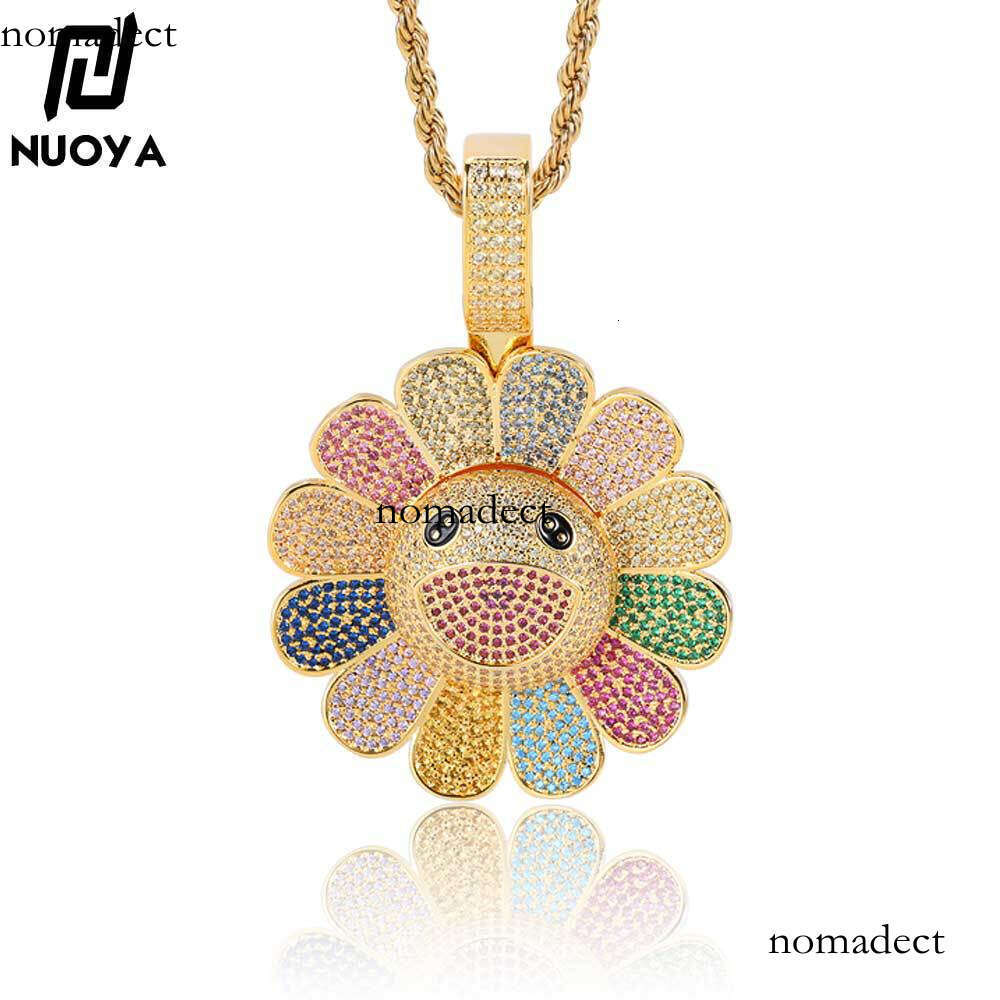 Hip-Hop Rotatable Murakami Suower Trendy Brand Personality Sterling Silver Inlaid Moissanite chain Pendant Necklace
