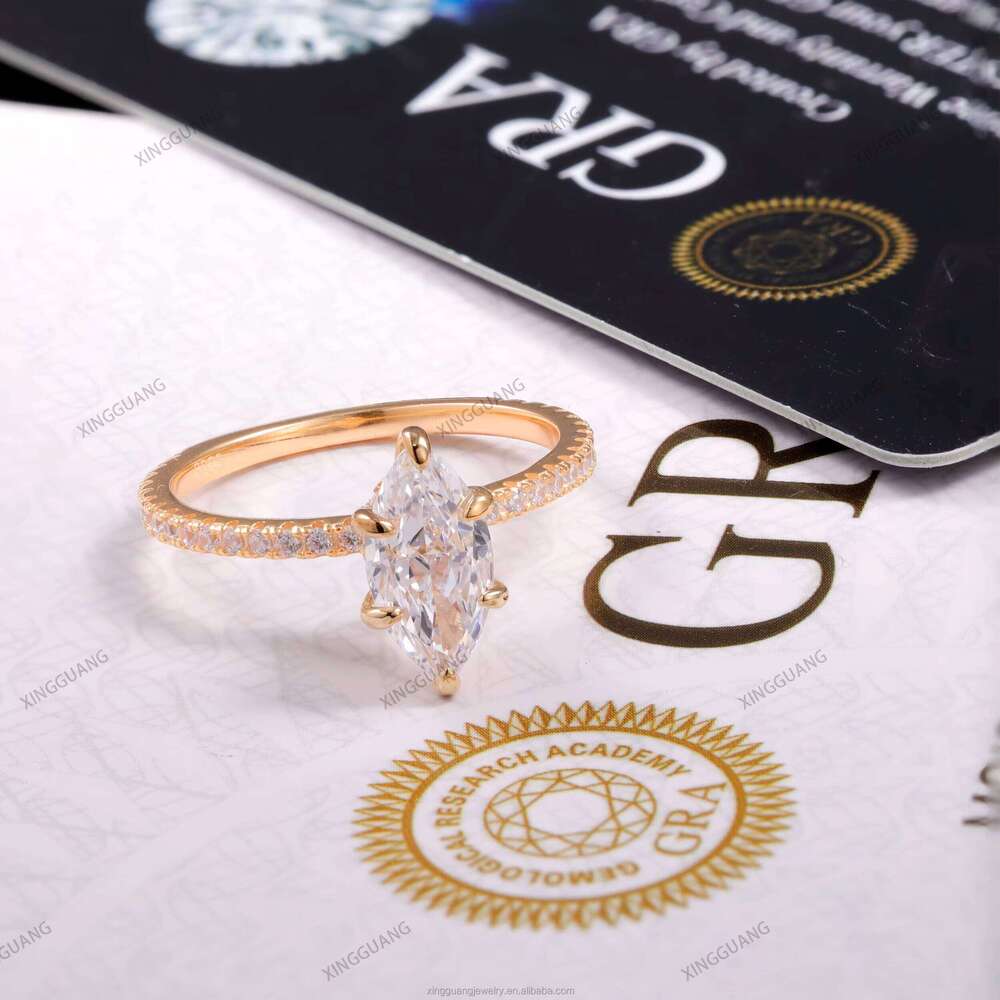 XG Women 2CT Marsquise Cut Moissanite Sier Plated Gold Fine Rings Custom Lab Dia Jewelry