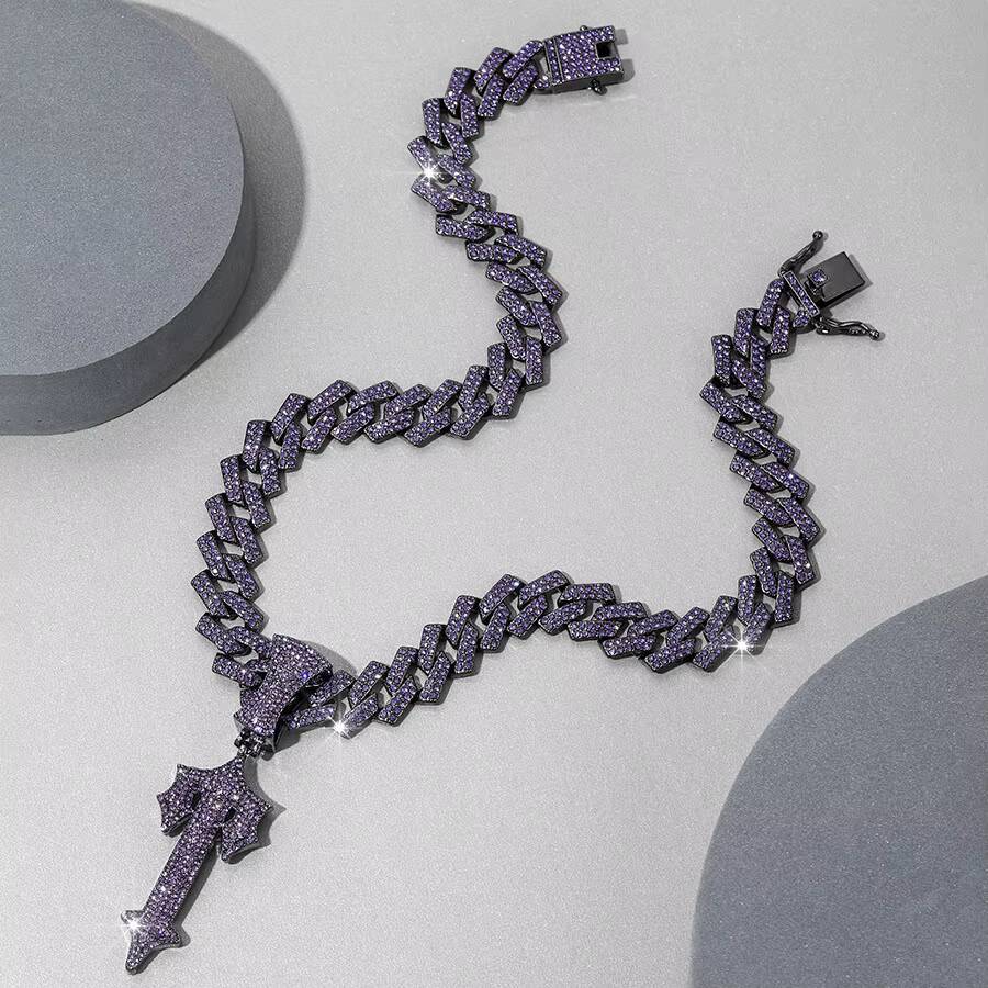 European American Hip-hop Mens New Purple Cross Pendant Necklace Big Sword Alloy Cuban Chain Cross-Border Fashion Jewelry