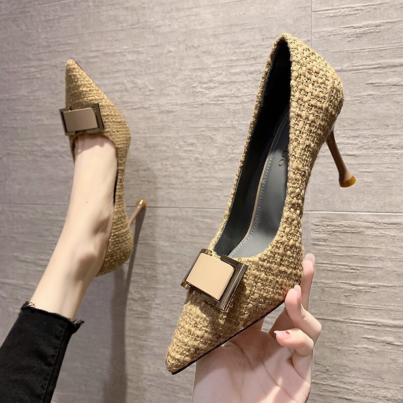 Women's 2025 designer's new pointed thin heel metal buckle single shoe
